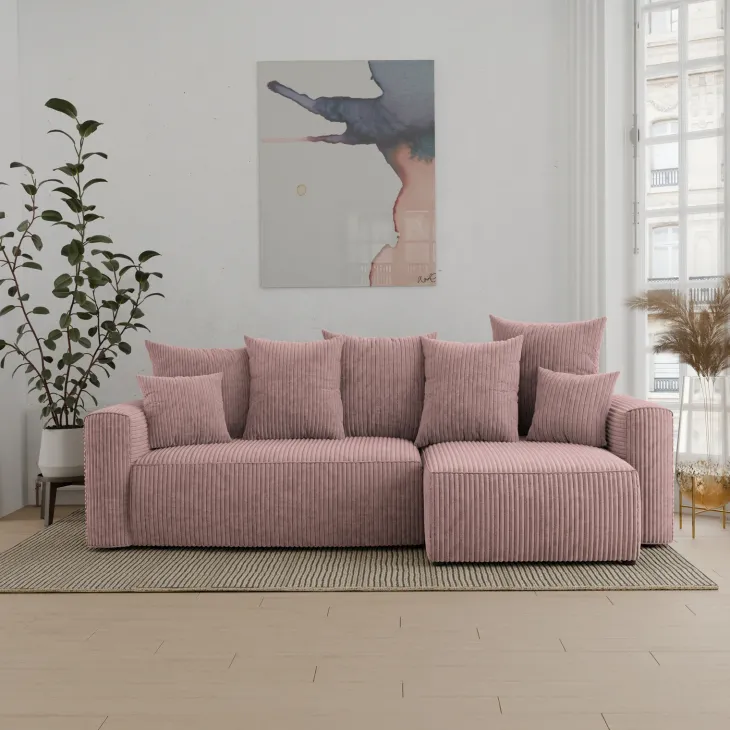 Divano letto angolare reversibile 238x142cm velluto a coste con libreria a destra rosa antico Mistery