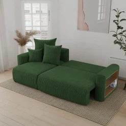 Divano letto angolare reversibile 238x142cm velluto a coste con libreria a destra verde scuro Mistery