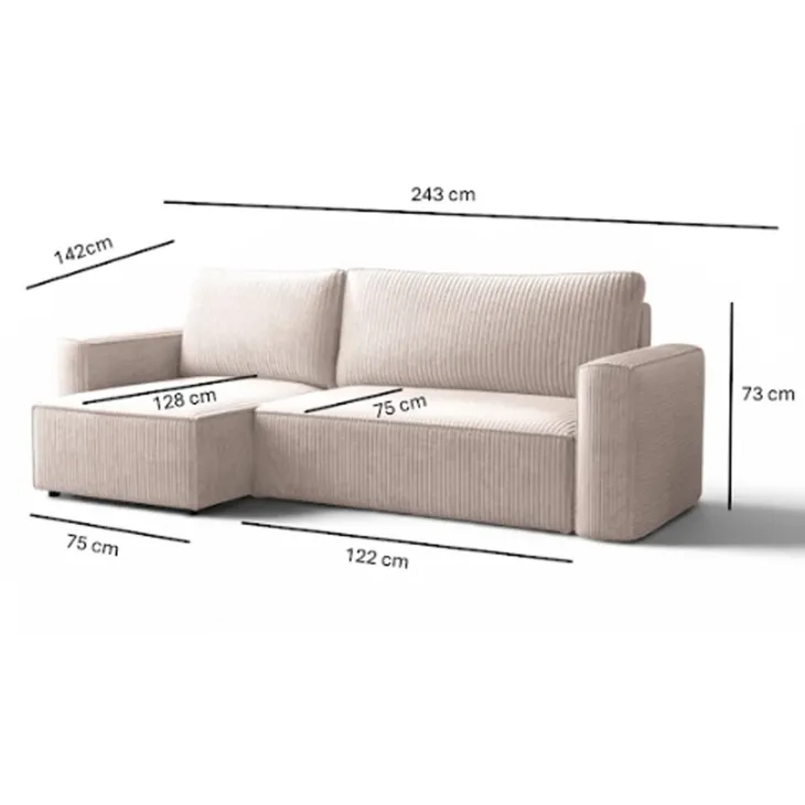 Divano letto angolare reversibile 243x142cm velluto a coste nero Ofelia