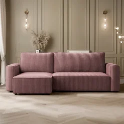 Divano letto angolare reversibile 243x142cm velluto a coste rosa antico Ofelia