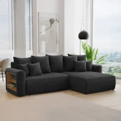 Divano letto angolare reversibile 260x160cm velluto a coste con libreria a sinistra nero Mistery