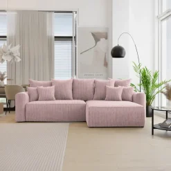 Divano letto angolare reversibile 260x160cm velluto a coste con libreria a sinistra rosa antico Mistery