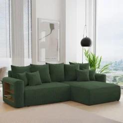 Divano letto angolare reversibile 260x160cm velluto a coste con libreria a sinistra verde scuro Mistery
