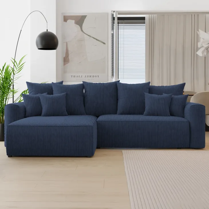 Divano letto angolare reversibile 260x160cm velluto a coste con libreria a destra blu Mistery