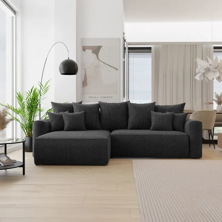 Divano letto angolare reversibile 260x160cm velluto a coste con libreria a destra nero Mistery