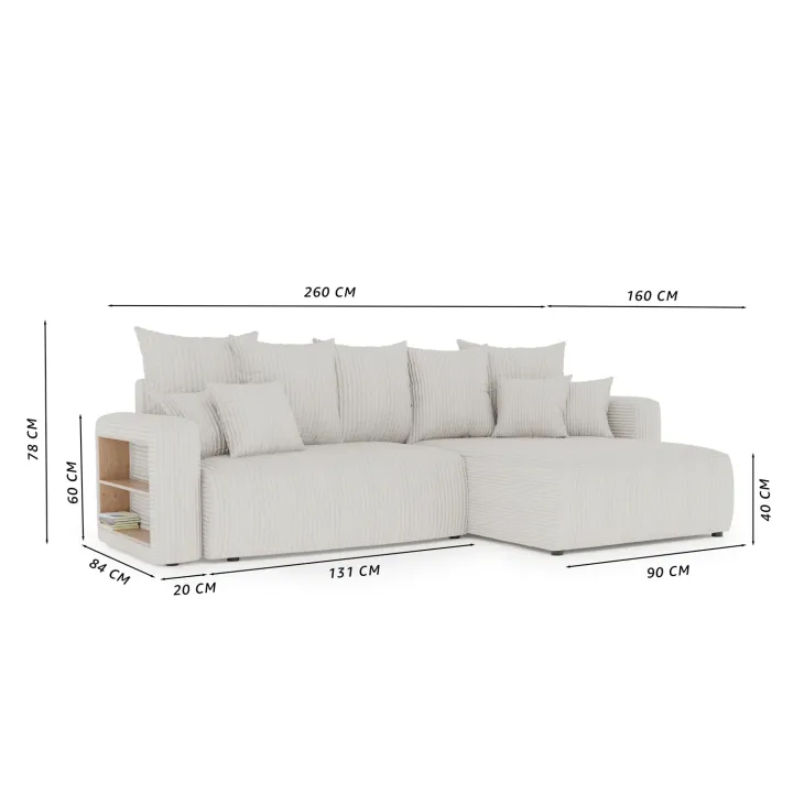 Divano letto angolare reversibile 260x160cm velluto a coste con libreria a destra nero Mistery