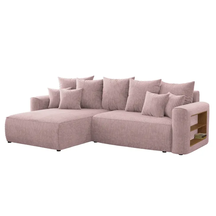 Divano letto angolare reversibile 260x160cm velluto a coste con libreria a destra rosa antico Mistery