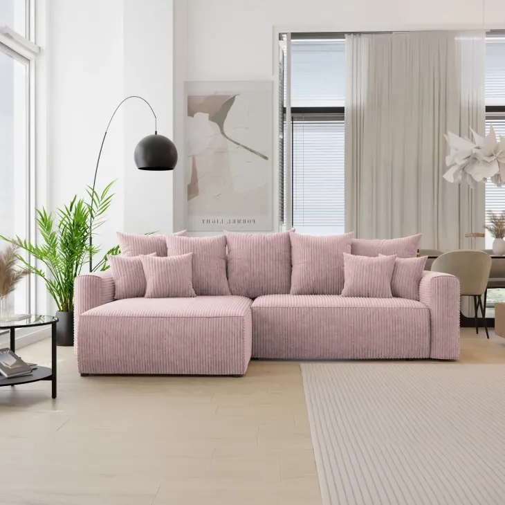 Divano letto angolare reversibile 260x160cm velluto a coste con libreria a destra rosa antico Mistery