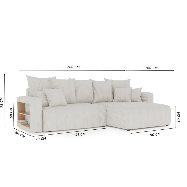 Divano letto angolare reversibile 260x160cm velluto a coste con libreria a destra verde scuro Mistery
