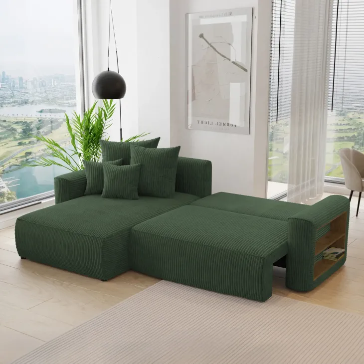 Divano letto angolare reversibile 260x160cm velluto a coste con libreria a destra verde scuro Mistery