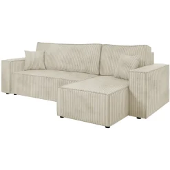 Divano letto angolare reversibile 3 posti 244x145cm con box contenitore velluto a coste beige Ploffy