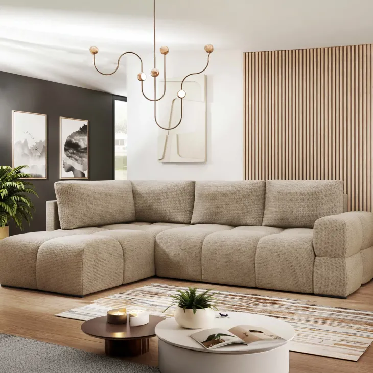 Divano letto angolare reversibile 3 posti 267x185cm box contenitore beige sabbia Sottovoce