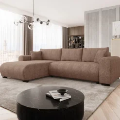 Divano letto angolare reversibile 4 posti 285x188cm con contenitore tessuto bouclé marrone chiaro Soft