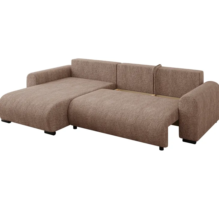 Divano letto angolare reversibile 4 posti 285x188cm con contenitore tessuto bouclé marrone chiaro Soft