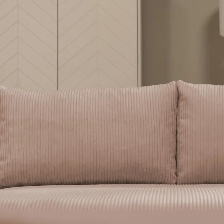 Divano letto angolare reversibile 4 posti 285x188cm con contenitore tessuto velluto a coste rosa Soft