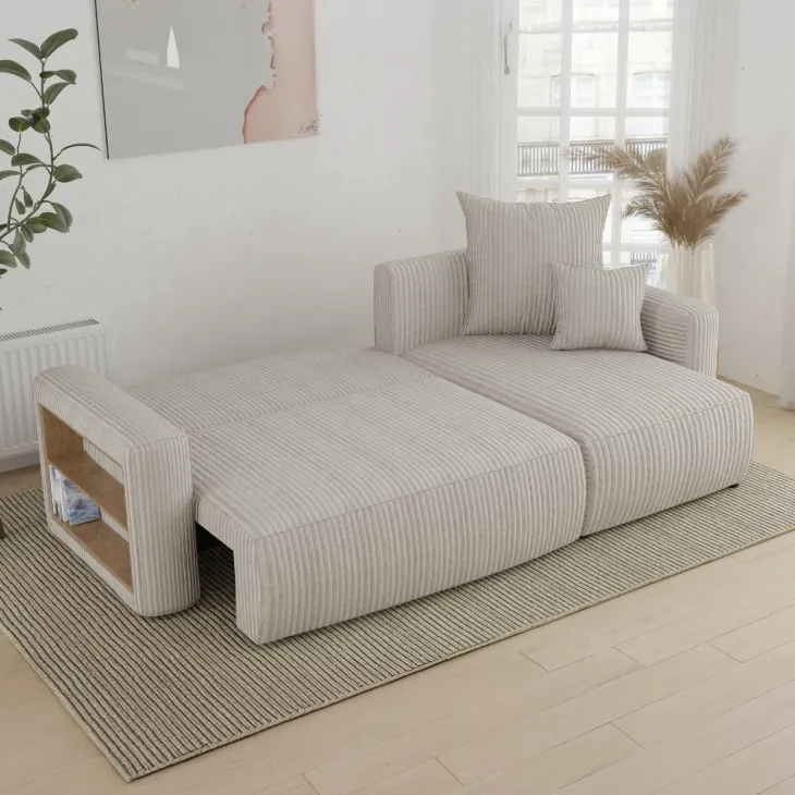 Divano letto angolare reversibile 238x142cm velluto a coste con libreria a sinistra beige Mistery
