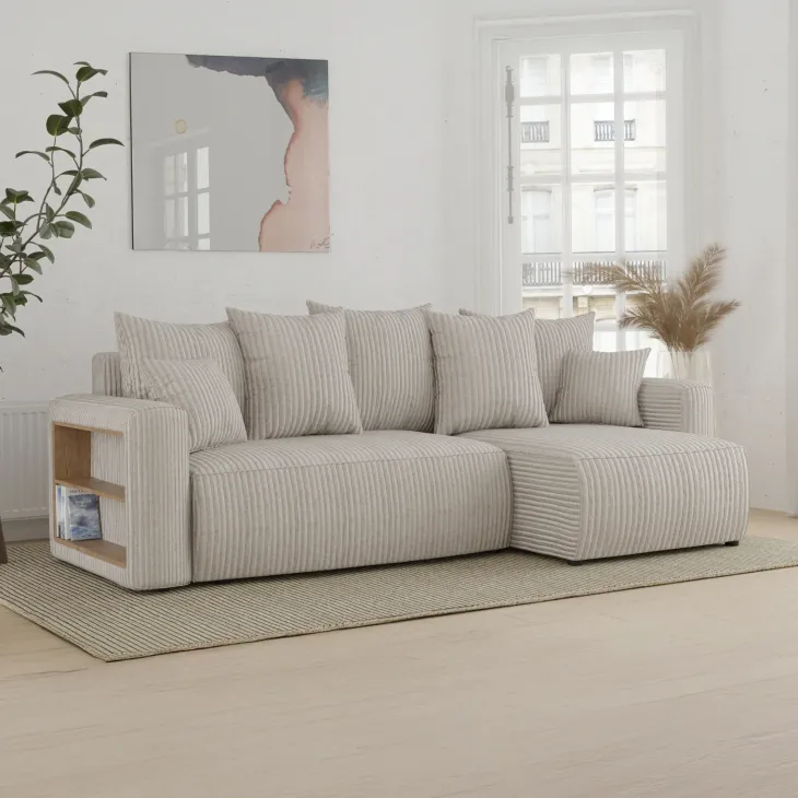 Divano letto angolare reversibile 238x142cm velluto a coste con libreria a sinistra beige Mistery