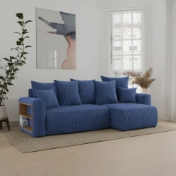 Divano letto angolare reversibile 238x142cm velluto a coste con libreria a sinistra blu Mistery