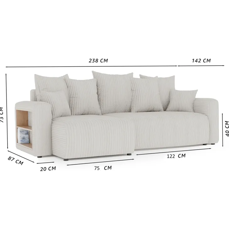 Divano letto angolare reversibile 238x142cm velluto a coste con libreria a sinistra blu Mistery