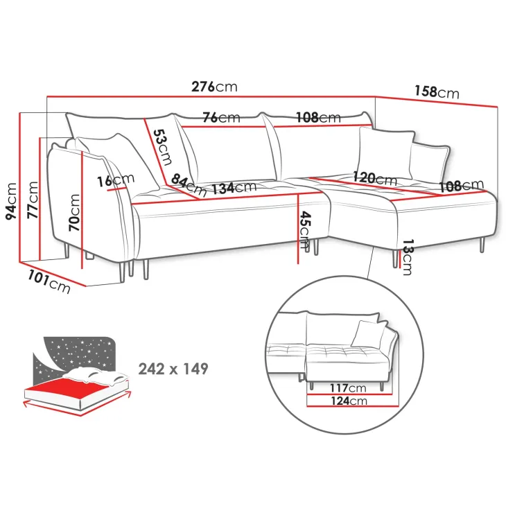 Divano letto angolare sinistro 3 posti 276x158cm tessuto tortora Angle