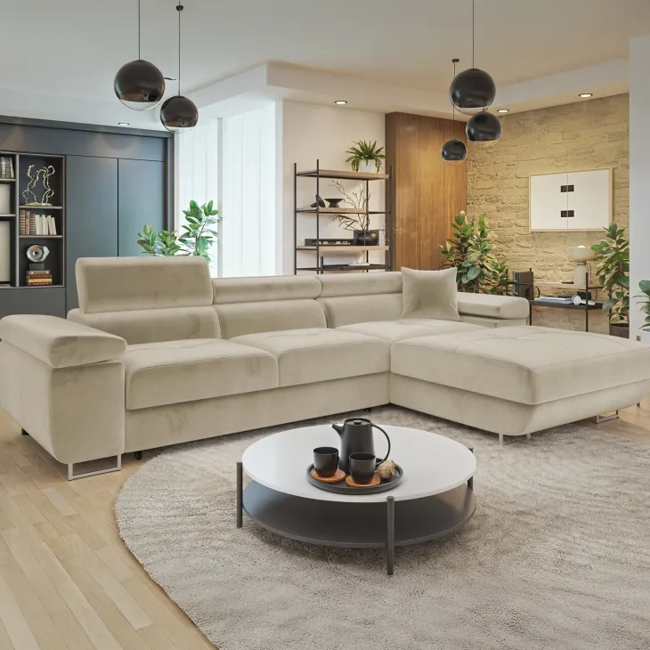 Divano letto con angolo a destra 4 posti 280x170cm box contenitore vellutato beige Elvio