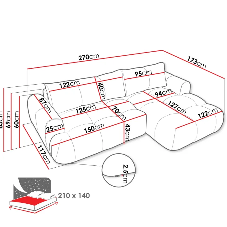 Divano letto con angolo a sinistra 4 posti 270x173cm con contenitore tessuto bouclé grigio scuro Litos