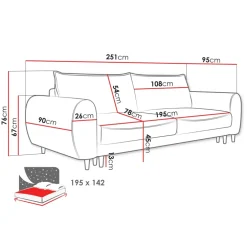 Divano letto matrimoniale 3 posti 251x95cm tessuto grigio scuro Pluffy