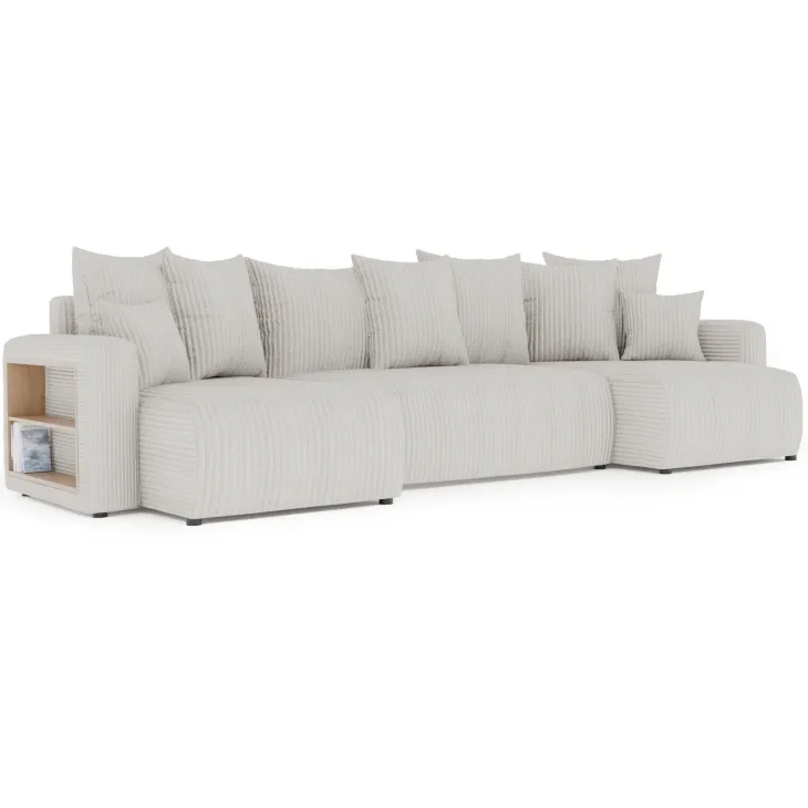 Divano letto panoramico 312x142cm velluto a coste con libreria a sinistra beige Mistery