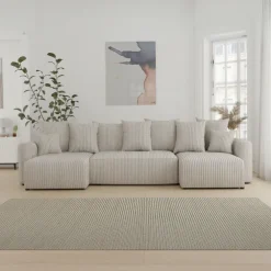 Divano letto panoramico 312x142cm velluto a coste con libreria a sinistra beige Mistery