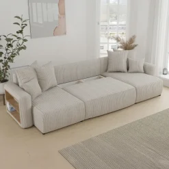 Divano letto panoramico 312x142cm velluto a coste con libreria a sinistra beige Mistery