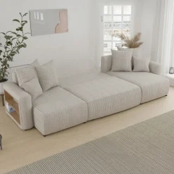 Divano letto panoramico 312x142cm velluto a coste con libreria a sinistra beige Mistery