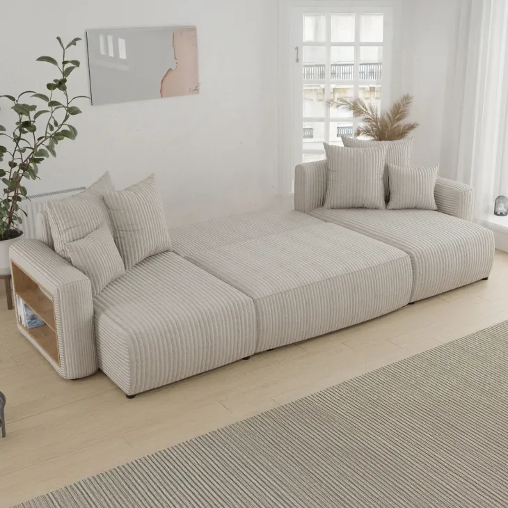 Divano letto panoramico 312x142cm velluto a coste con libreria a sinistra beige Mistery