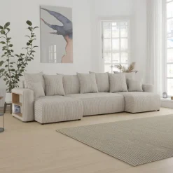Divano letto panoramico 312x142cm velluto a coste con libreria a sinistra beige Mistery