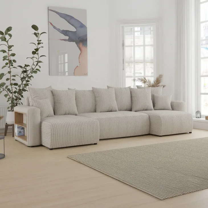 Divano letto panoramico 312x142cm velluto a coste con libreria a sinistra beige Mistery