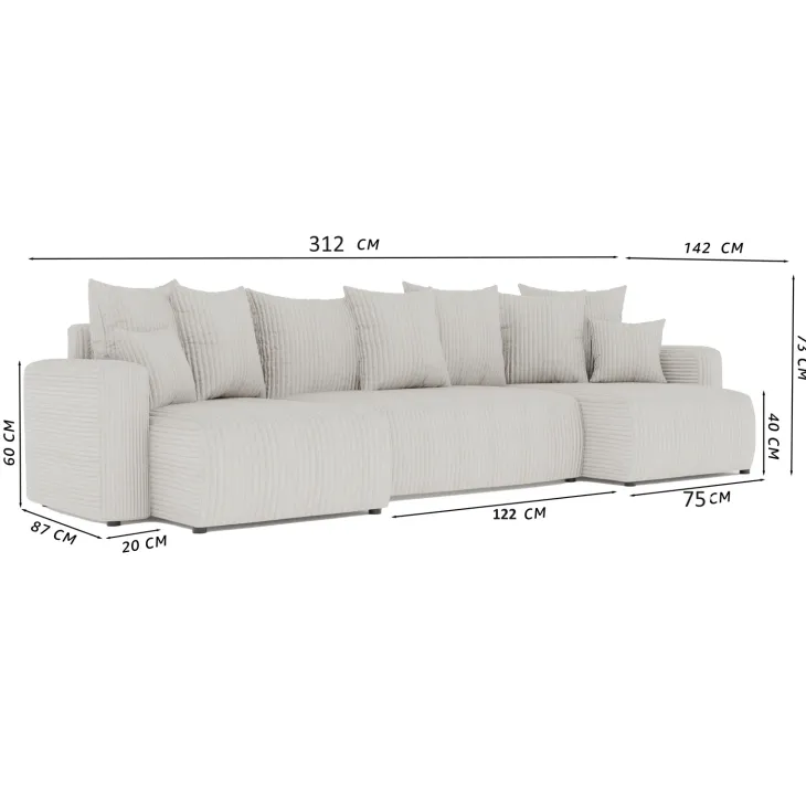 Divano letto panoramico 312x142cm velluto a coste beige Scintilla