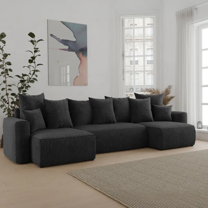 Divano letto panoramico 312x142cm velluto a coste nero Scintilla