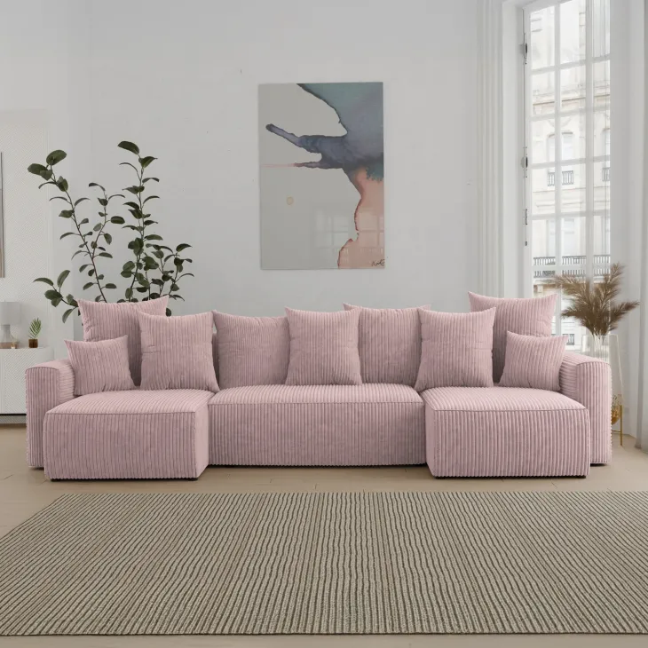 Divano letto panoramico 312x142cm velluto a coste rosa antico Scintilla