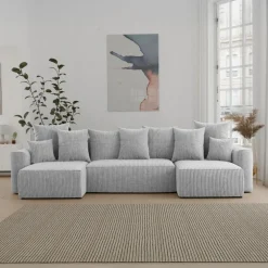 Divano letto panoramico 312x142cm velluto a coste grigio chiaro Scintilla