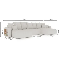 Divano letto panoramico 350x160cm velluto a coste con libreria a sinistra beige Mistery