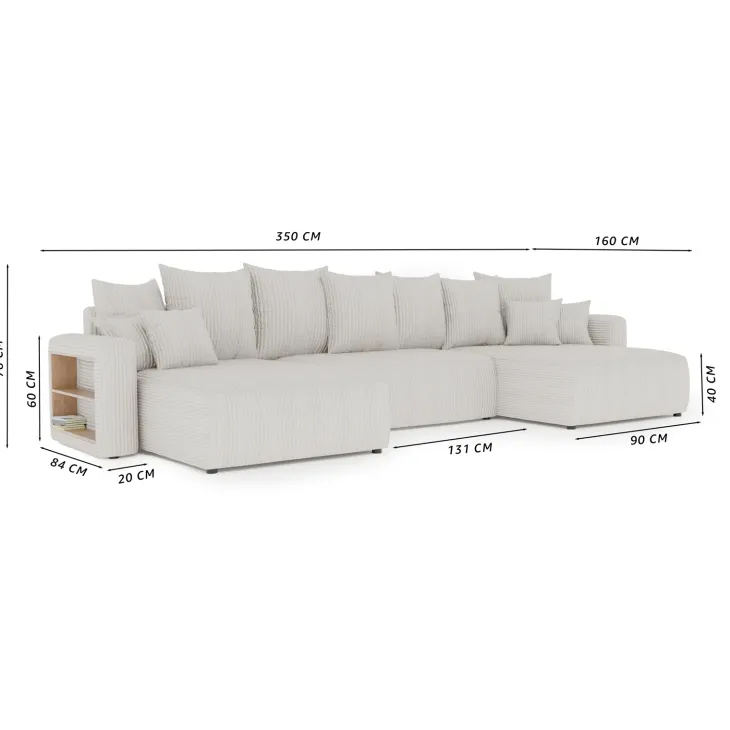 Divano letto panoramico 350x160cm velluto a coste con libreria a sinistra beige Mistery