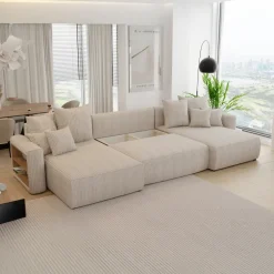 Divano letto panoramico 350x160cm velluto a coste con libreria a sinistra beige Mistery
