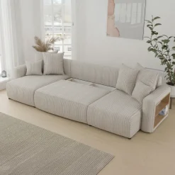 Divano letto panoramico 312x142cm velluto a coste con libreria a destra beige Mistery