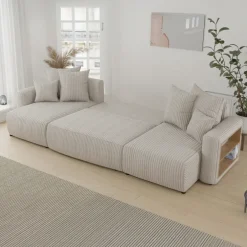 Divano letto panoramico 312x142cm velluto a coste con libreria a destra beige Mistery