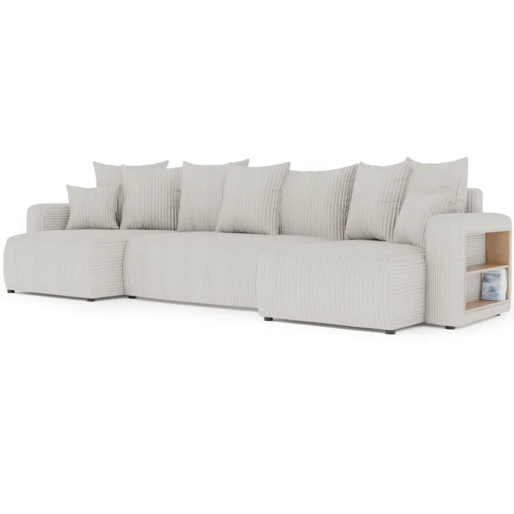 Divano letto panoramico 312x142cm velluto a coste con libreria a destra beige Mistery