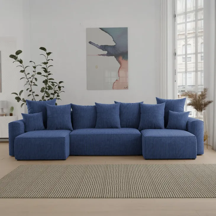 Divano letto panoramico 312x142cm velluto a coste con libreria a sinistra blu Mistery