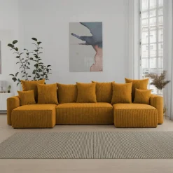 Divano letto panoramico 312x142cm velluto a coste con libreria a sinistra giallo senape Mistery