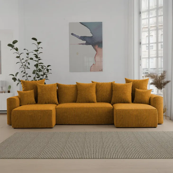 Divano letto panoramico 312x142cm velluto a coste con libreria a sinistra giallo senape Mistery