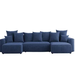 Divano letto panoramico 312x142cm velluto a coste con libreria a destra blu Mistery