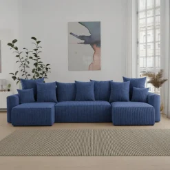 Divano letto panoramico 312x142cm velluto a coste con libreria a destra blu Mistery