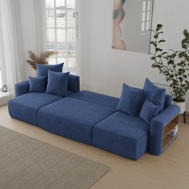 Divano letto panoramico 312x142cm velluto a coste con libreria a destra blu Mistery